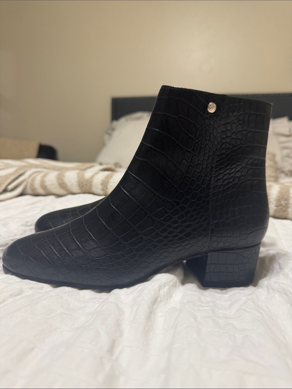 Women's Black Croc-Embossed Ankle Boots